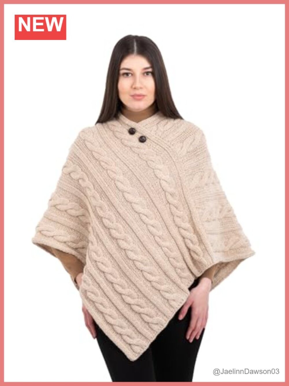 Irish Aran Poncho 100% Virgin Wool Cable Knit Button Wrap Cape